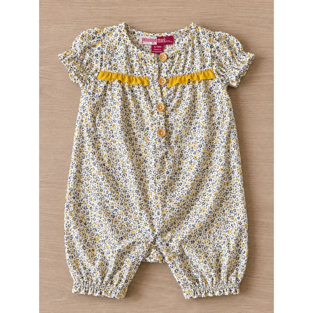 Penelope Mack Baby Floral Romper 6–9 Months Yellow & Black EUC